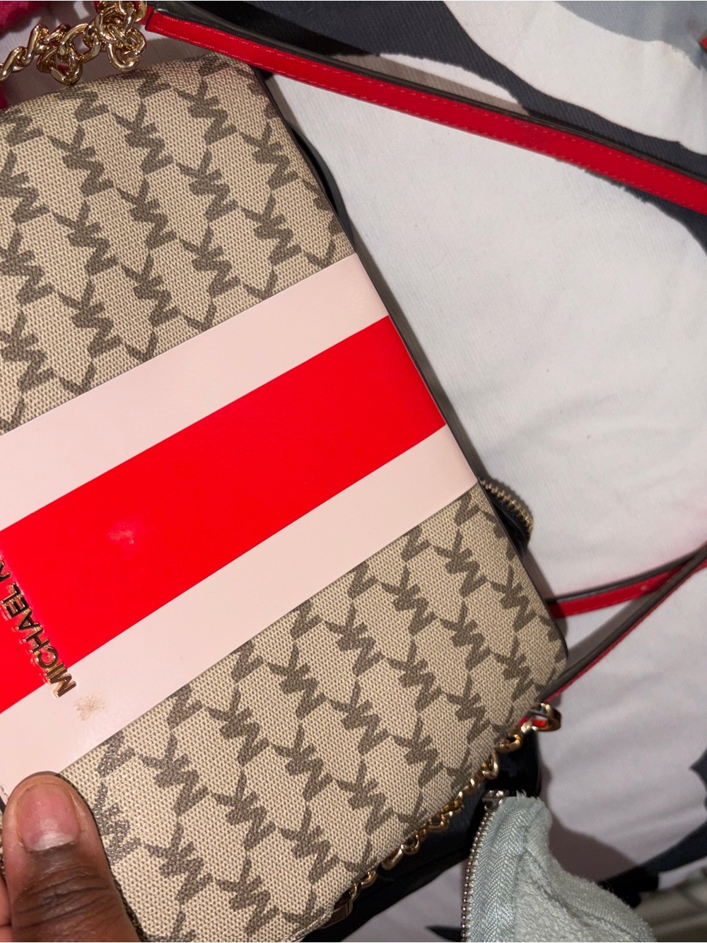 Michael Kors Beige Monogram Crossbody with Red & Light Pink Stripe